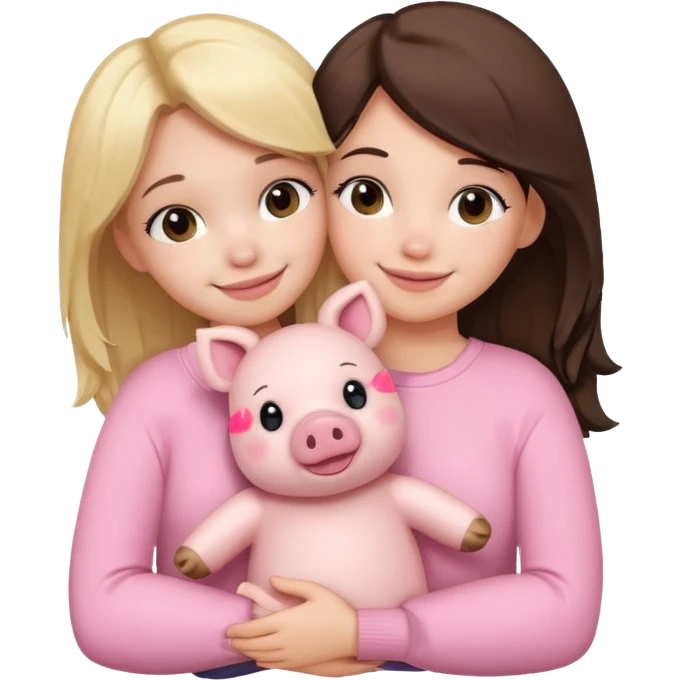 Girlfriends, blonde and brunette, hugging each other with a teddy bear and a little pig emoji