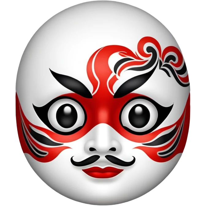 Create a round-faced emoji featuring a Peking Opera red mask with bold black and white patterns. The emoji should have a friendly and expressive look, maintaining traditional opera facial markings while appearing modern and digital-friendly emoji