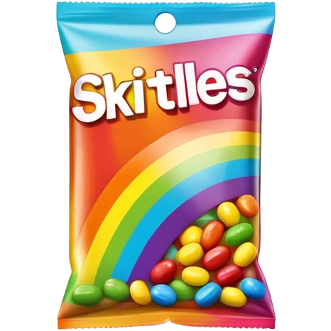 An extremely minimalist Skittles package, simple rainbow stripe design with a few green candies. Very clean and simplified. emoji