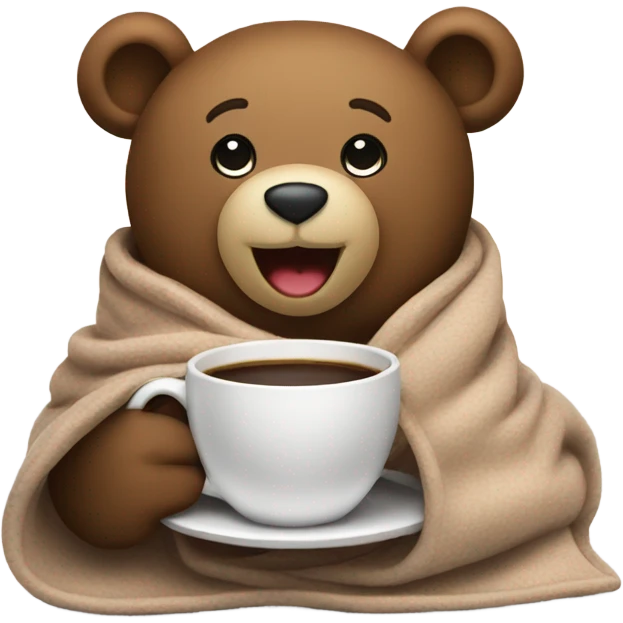a teddy happy bear wrapped in a blanket drinks coffee emoji