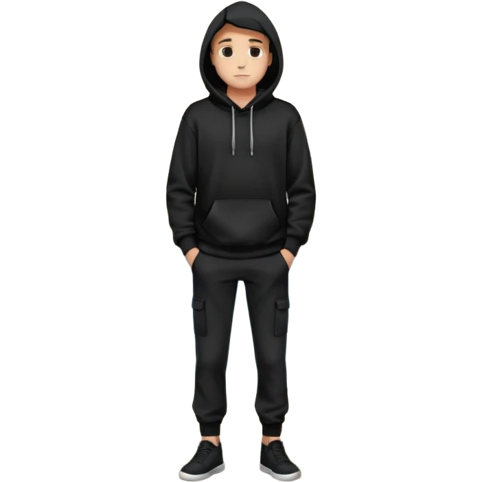 fullbody Mysterious sky man in black hoodie, hands in pockets and black pants emoji