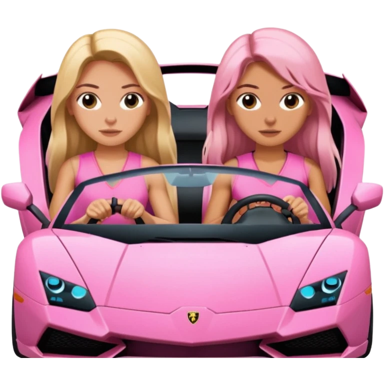 Make car far away so I can see full car Car facing forward in sports car. Make hair long  two girls in car far away Front of car sitting in the seats. Make it a pink sports car. They are two baddies make it a Lamborghini pink car  emoji