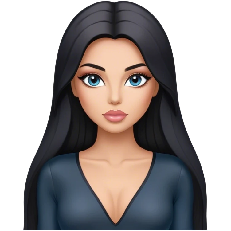 Glamours, tanned, very beautiful girl, with big pump peach-beige-rose lips, long long lashes, black straight smooth silky long hair, straight parting hair, blue-grey eyes in black long-sleeves v-neck bodysuit emoji