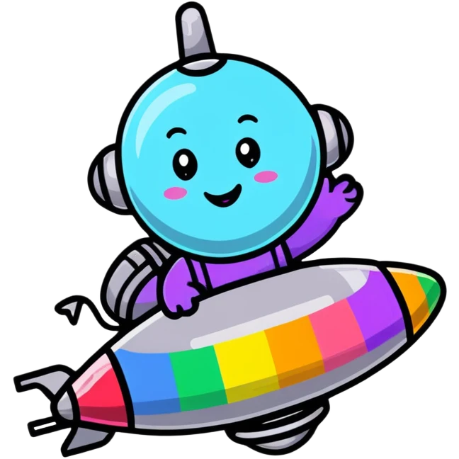 A cheerful rainbow crayon character waving while riding a silver UFO with glowing lights emoji