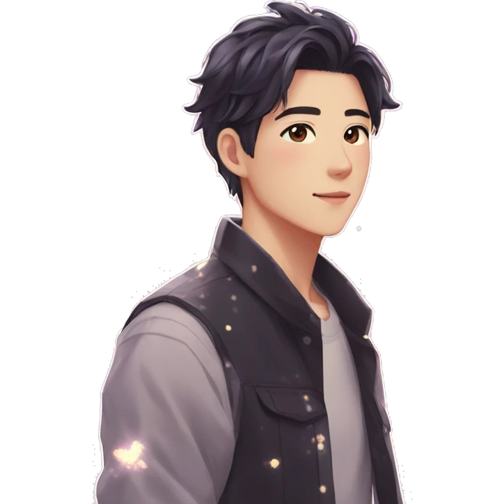 Gorgeous bright sparkly romantic Asian anime guy with blushing face aesthetic trending style outside emoji