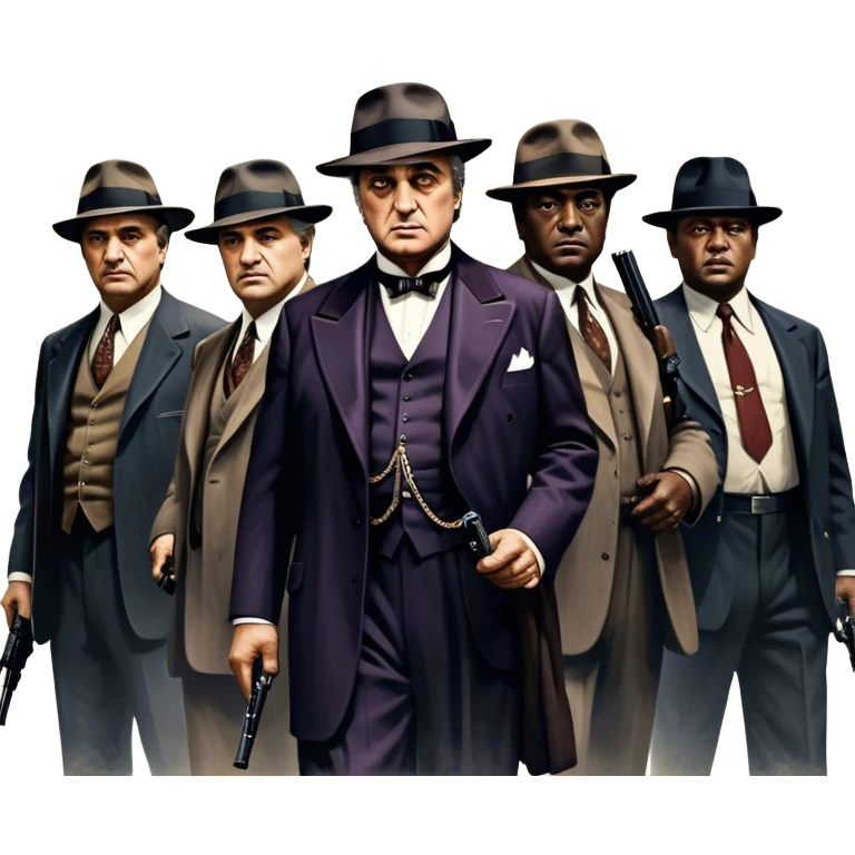 A vintage movie poster-style design featuring Don Vito Corleone surrounded by gangsters with Tommy guns. Include a dark, moody noir atmosphere with skyscrapers of New York in the background. The scene should be tense and mysterious, with a retro cinematic feel. Transparent background. emoji