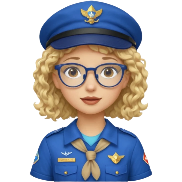 scout girl with blue scout uniform including hat, blonde curly haired and glassess emoji