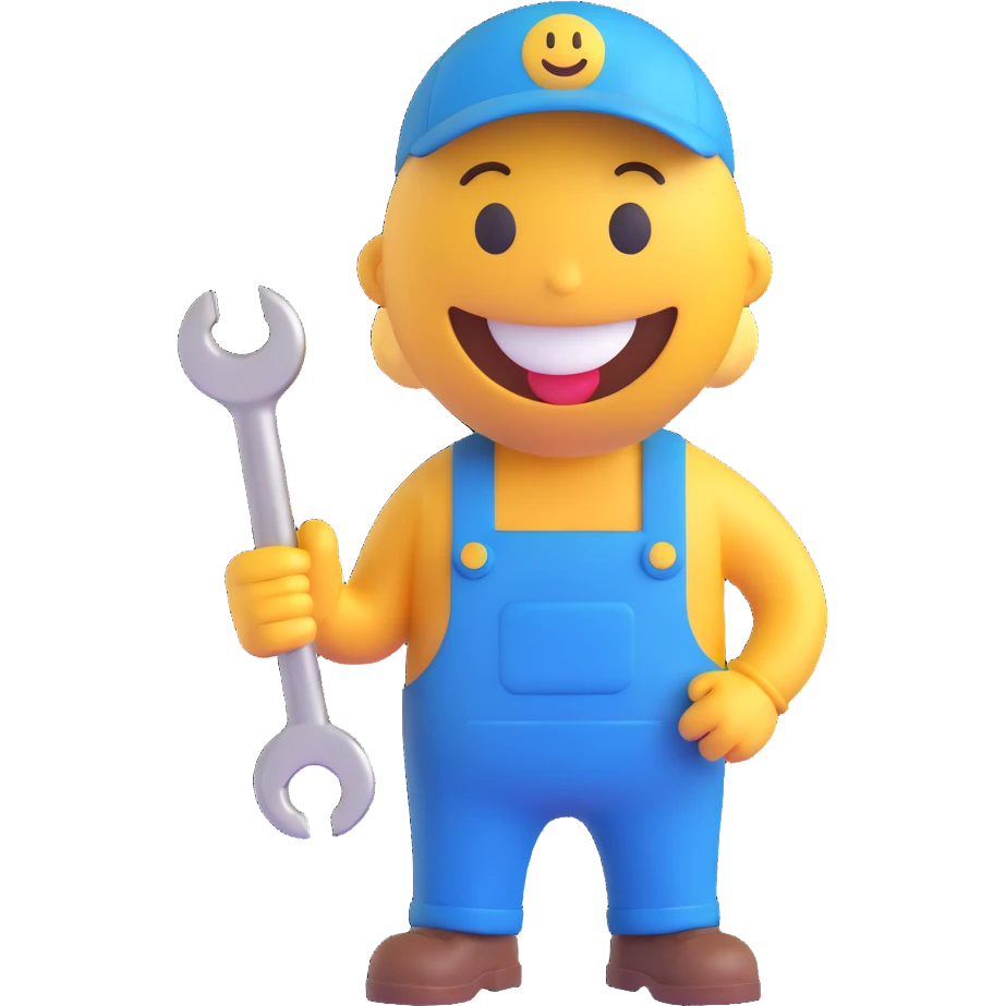 3D smiley emoji, round shape, car mechanic wearing blue overalls, holding wrench, smiling face emoji