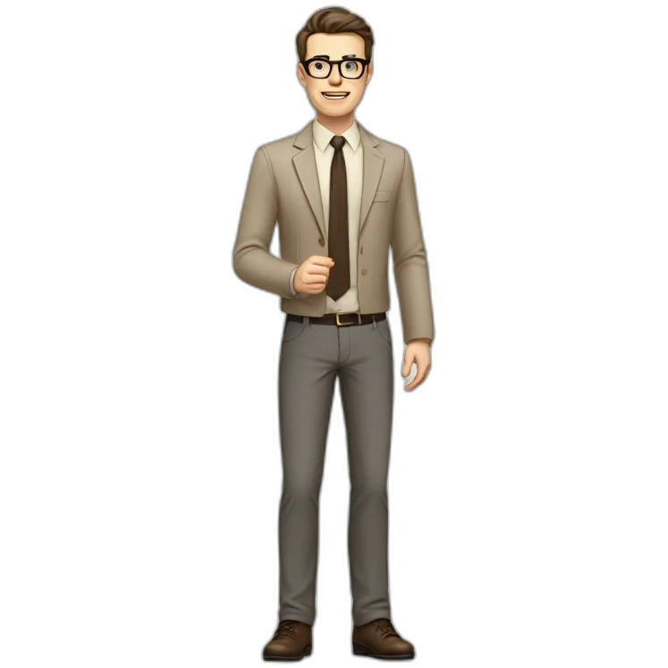 Full height Actively Gesturing Pale skinned fit man with dark brown hair in gray jacket, beige office shirt, brown tie, brown pants and vintage glasses. emoji