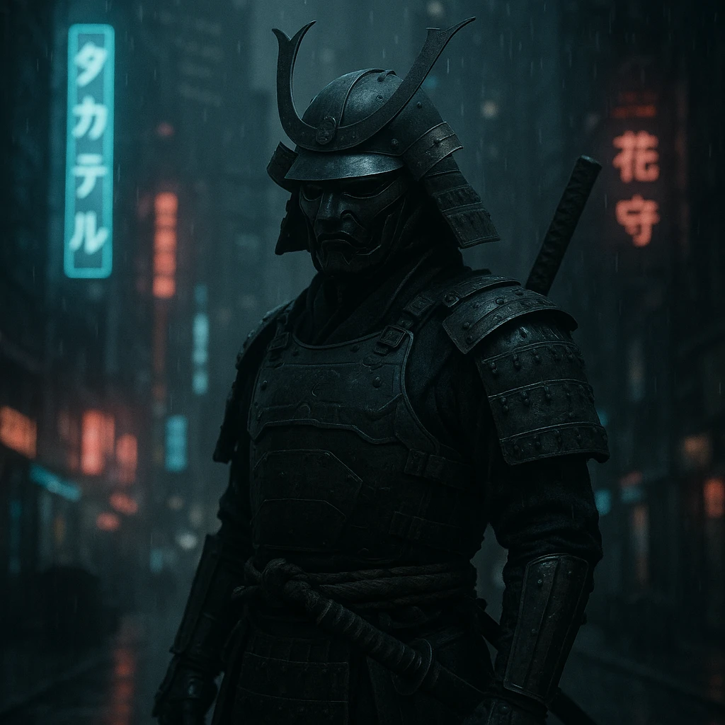 photorealistic cyberpunk samurai in a neon-lit cityscape, desaturated colors, dramatic lighting emoji