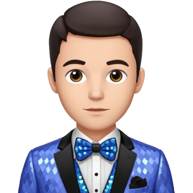 Jonathan Bailey with dark brown hair, periwinkle sequin suit with bow tie emoji