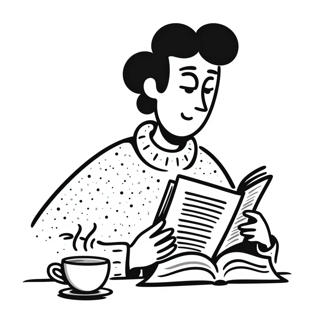 Chaucer reading and drinking tea, playful and sketchy, hand-drawn doodle style emoji