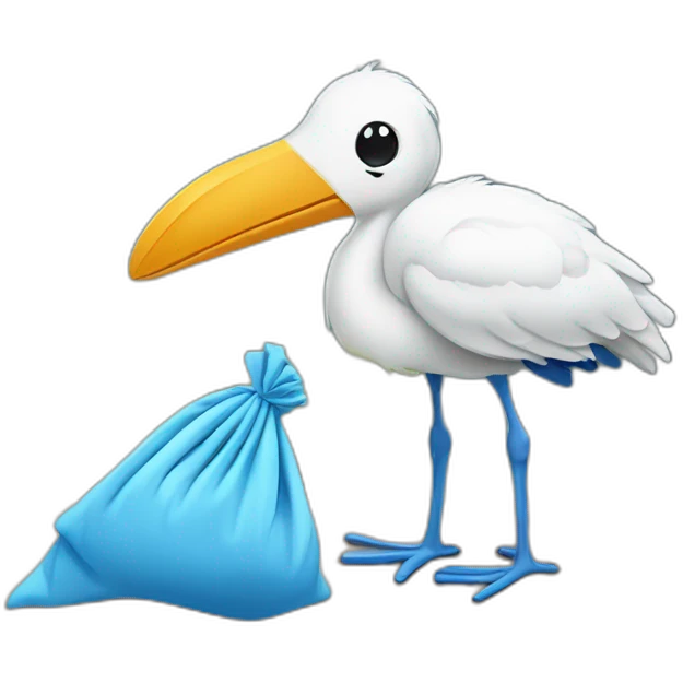  A stork is carrying a blue bundle of cloth in its beak that has a cute white baby face peeking out from it with black head emoji