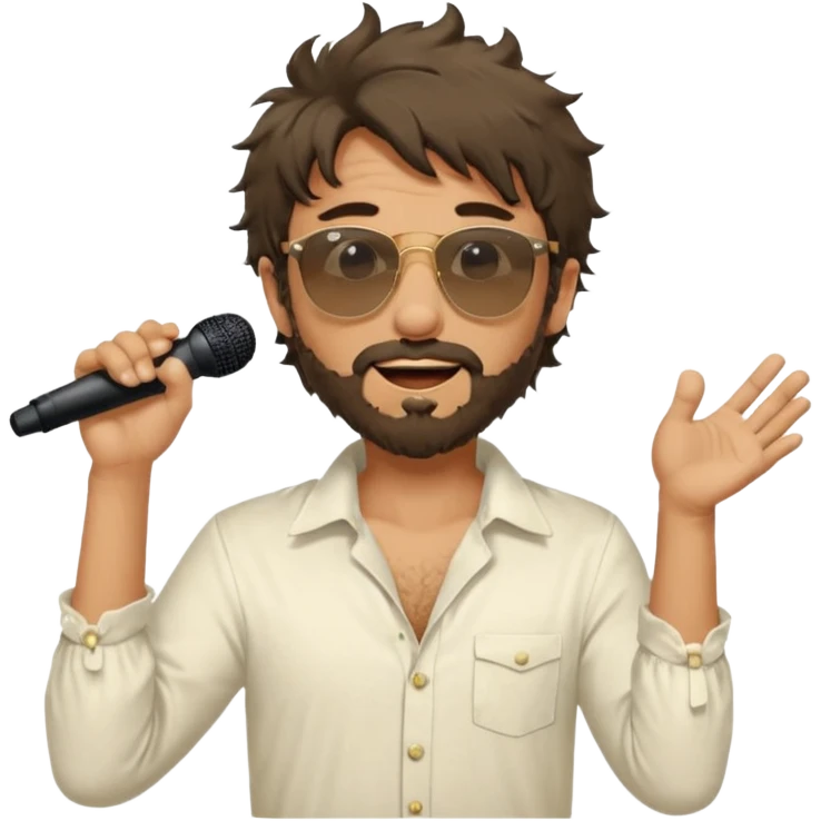 photo ultra realistic - messy, shaggy with big sideburns Jim Morrison in an ivory Victorian shirt, singing in a trance on stage, wearing Ray Ban sunglasses emoji