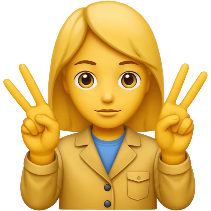 An standard yellow-color emoji that looks very serious and has his hands clasped while making a peace sign infront to portray a meaning of deep thinking or serious consideration. emoji