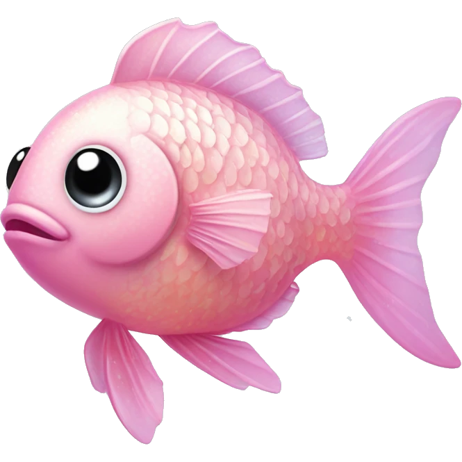 Fish "A pastel pink fish with glowing, translucent scales, sparkling fins, and tiny bubbles filled with glitter floating around it." emoji