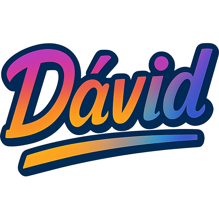 The name Dávid in a modern, colorful gradient font with a dark outline, on a transparent background, with the name underlined or partially underlined with a dynamic, slanted underline, in the style of the sample images. emoji