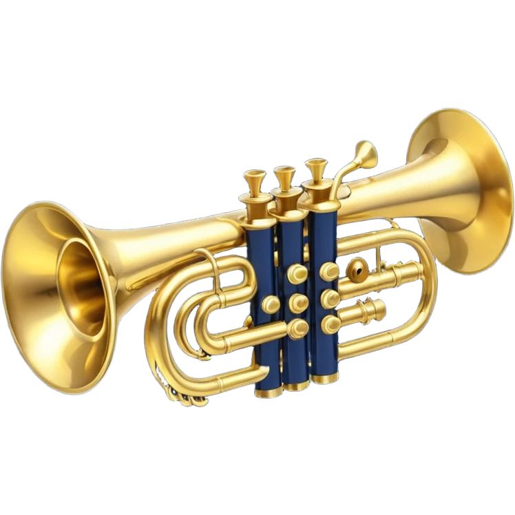 “Flat vector icon of a golden trumpet in side view with mouthpiece, bell, and three simple valves, thick dark outline, minimal details, centered on a deep navy blue rounded-square (or circle) background. Transparent outside the background, PNG.” emoji