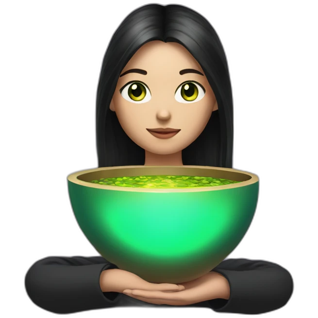sound bowl healer woman with long dark hair and green eyes emoji