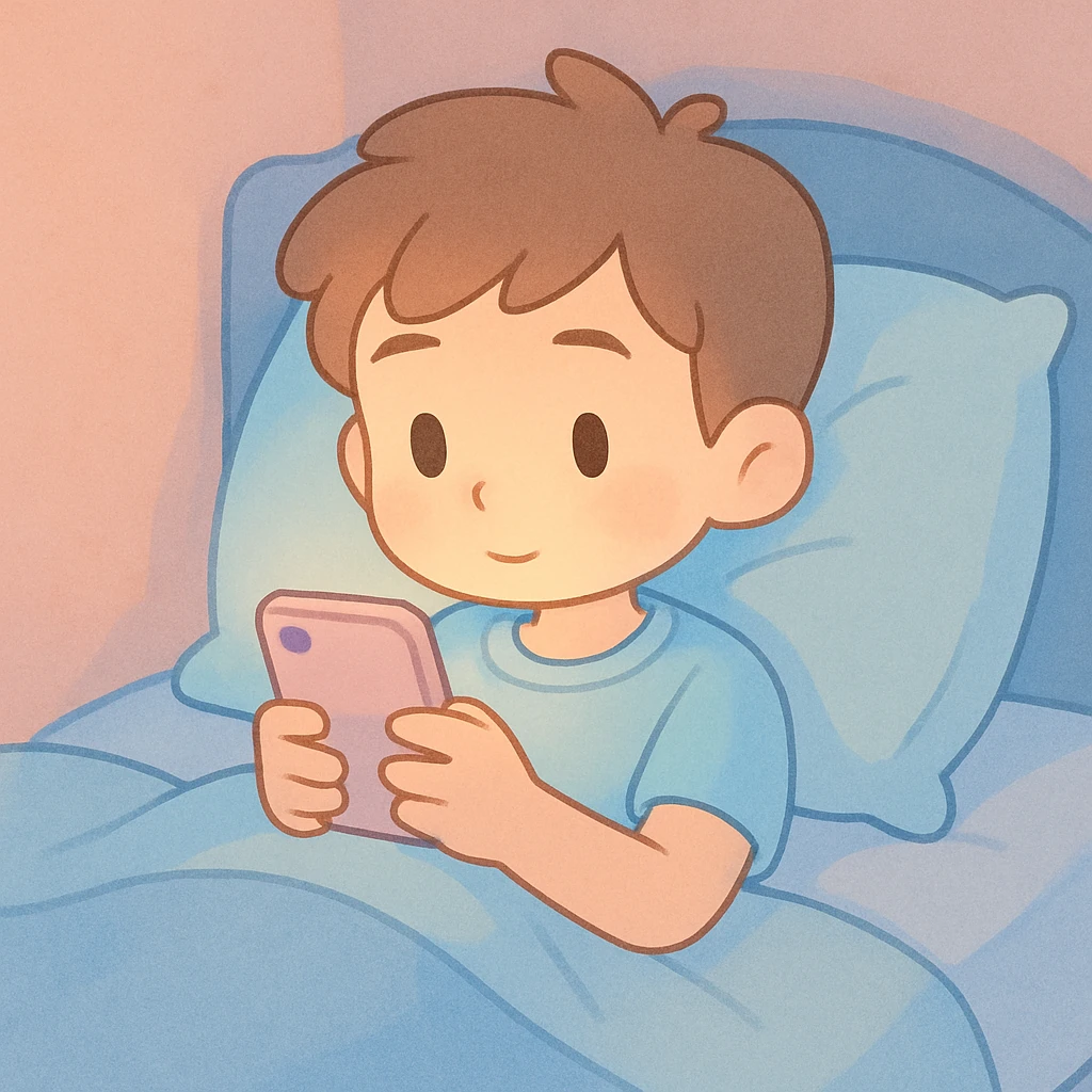 pastel toon style boy in a blue bed, on his phone, wearing a light blue t-shirt emoji