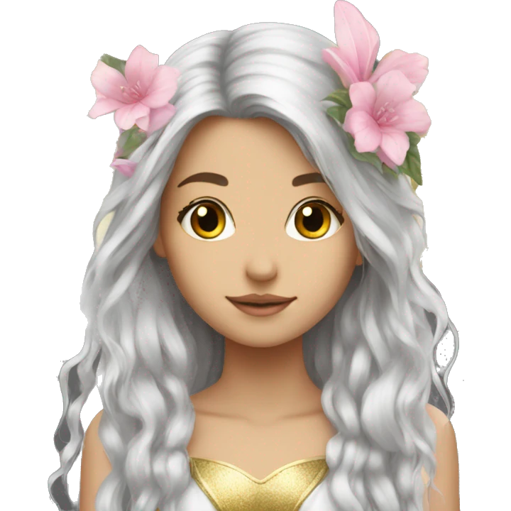 Beautiful, flower, fairy, pink, silver, gold, long hair, wings emoji