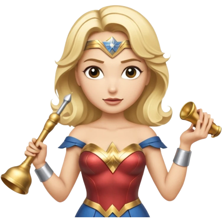 Blonde Wonder Woman holding short white orchestra conductor’s baton and bell emoji