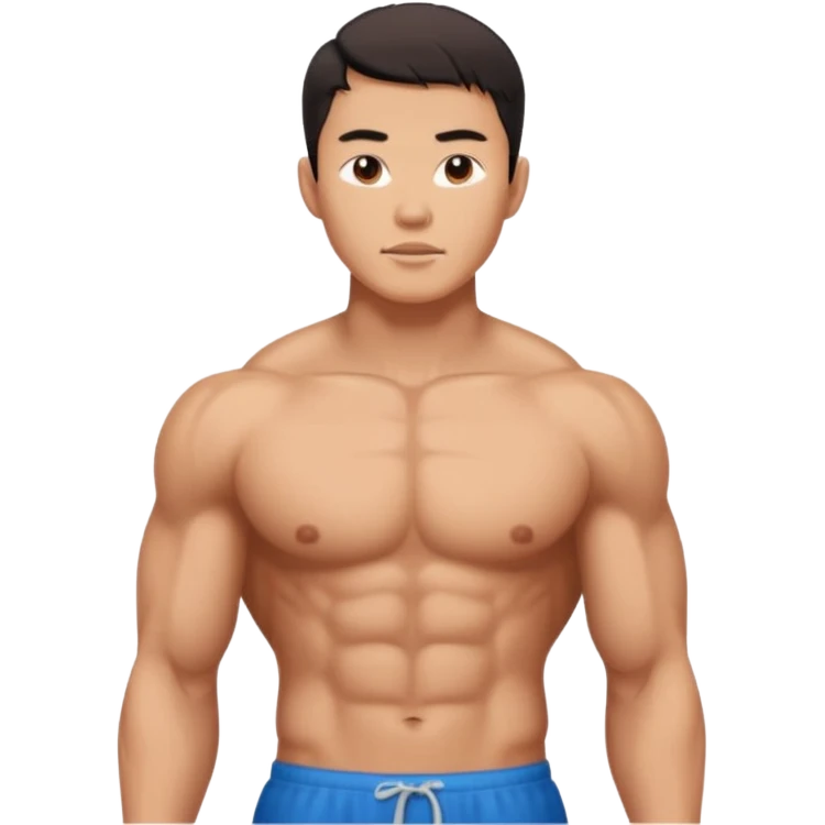 A standing buff shirtless asian guy with a really square jawline emoji