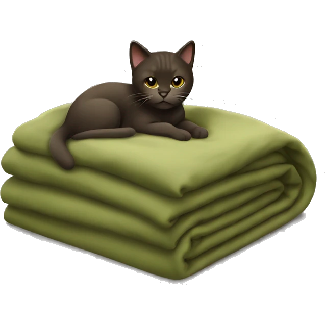Dark brown cat with a khaki green blanket full size emoji