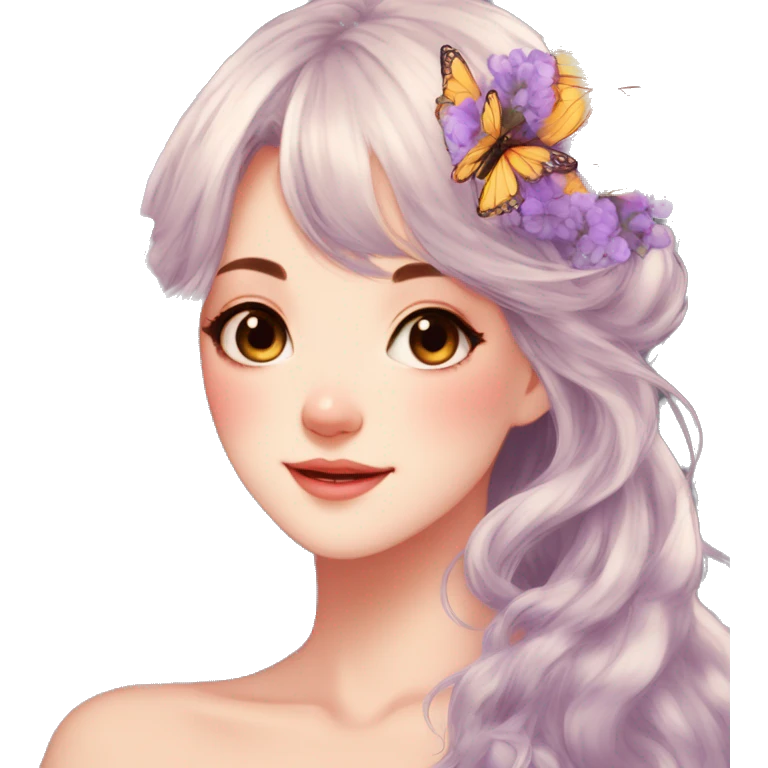 gorgeous anime lady with butterflies and beautiful hair fairycore cottagecore emoji