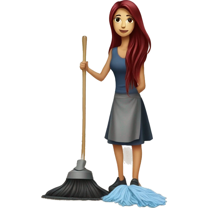 Beautiful burgundy long haired woman mopping the floor emoji