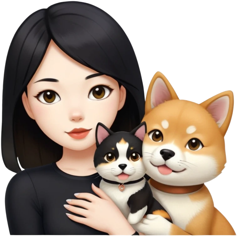 girl with black shoulder-length hair wearing a black tight-fitting top with a calico cat with white mouth and a shiba inu dog emoji