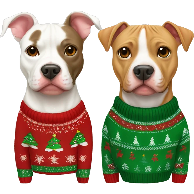 Tan pitbull and tabby cat in Christmas sweaters emoji