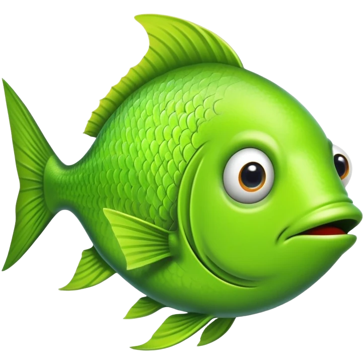 bright lime green fish shown in absolute side profile, one eye only, facing directly to the right, flat 2D view like a playing card, goofy derpy expression emoji