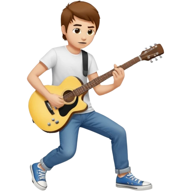 yellow skin Guy with brown hair, white tee, blue jeans and black converse playing a guitar emoji