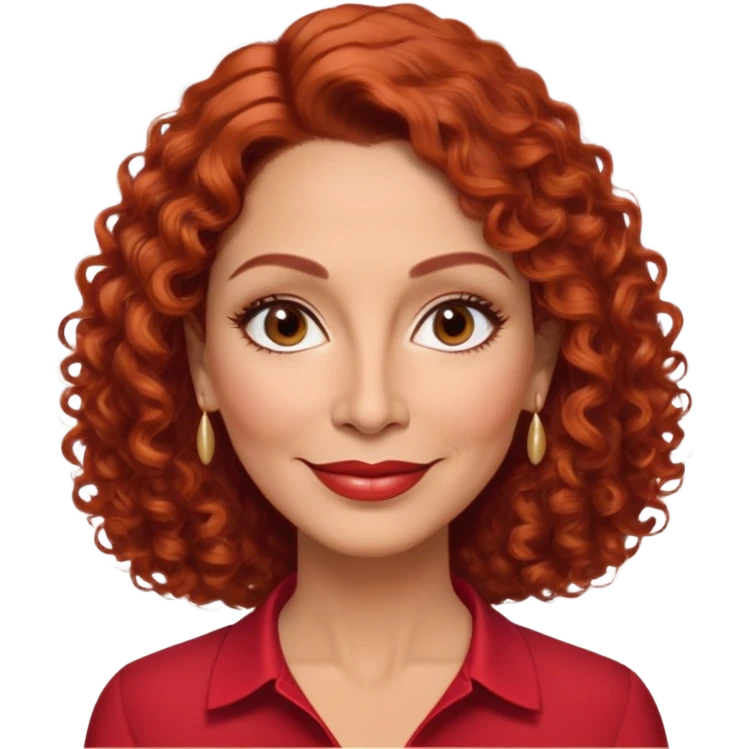 Puerto Rican actress in her 50s with elongated face, soft features, highlighted cheekbones, friendly warm smile, medium almond-shaped brown eyes, defined medium eyebrows, straight fine nose, medium lips with accessible smile, vibrant red curly hair with artistic styling, wearing a solid red blouse emoji