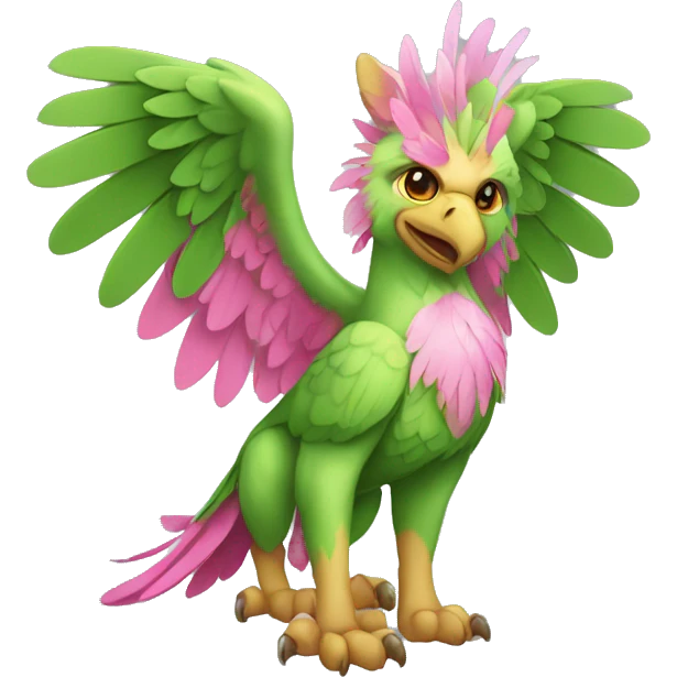 Full-body green gryphon with pink wings and pink tail-feathers emoji