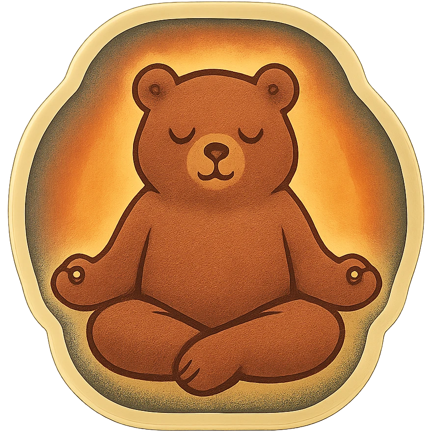 animated meditating bear with a slowly pulsing aura, retro vintage style, cozy acoustic aesthetic, warm muted colors, subtle grain, soft lines, nostalgic analog mood, smooth loop, 112x112px emoji