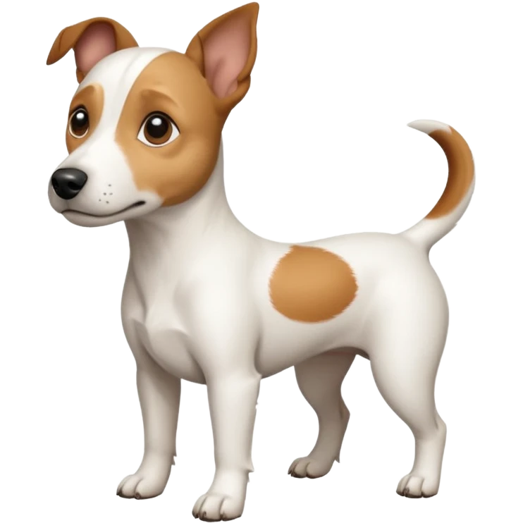 a full body white jack russel looking dog the size of a kelpie with light brown ears and a light brown patch on one eye, flopped down ears and a large snout emoji