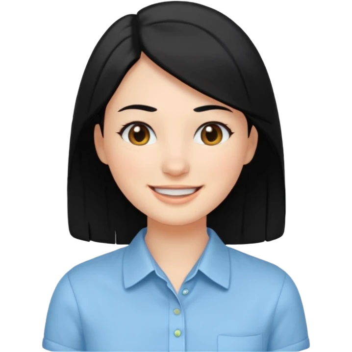 검정 긴머리에 청순한 직장인의 모습 웃고 있으면 좋겠어 하늘색 셔츠를 입으면 좋을 거 같ㅇ다  눈동자도 검정색 이빨은 보이지 않게 미소만 띄우면 좋겠어  emoji