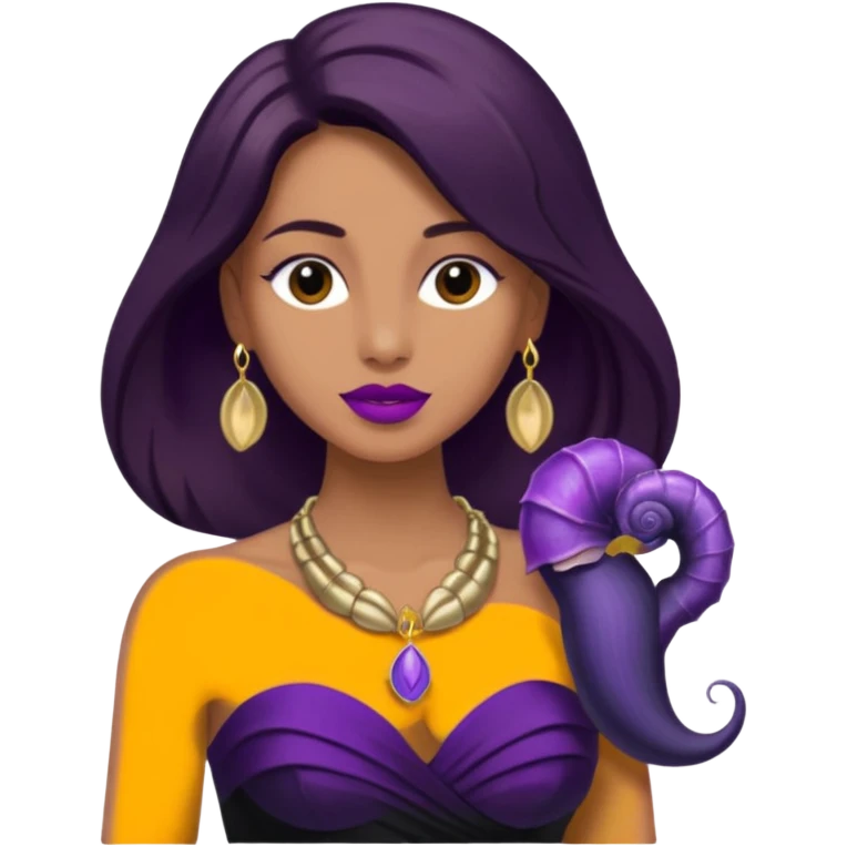 This person headshot view, wearing a strapless black dress, having long brown hair, dark pinkish purple lips, and wearing a small nautilis gold shell necklace around her neck emoji