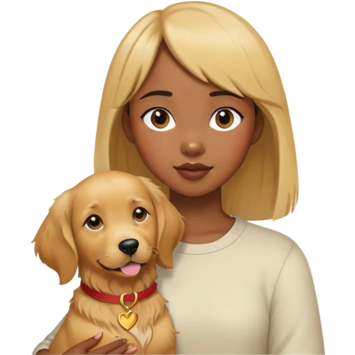 A black girl with short bangs holding a golden retriever emoji