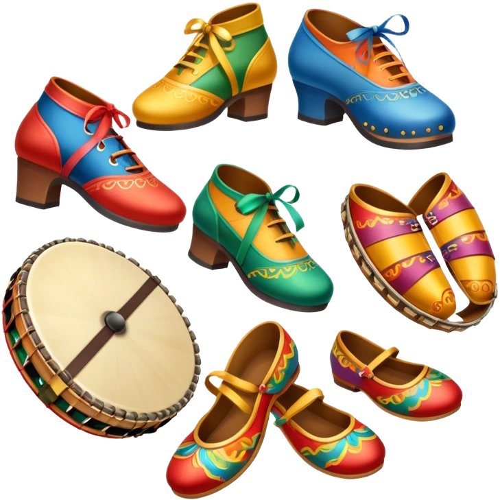 Icon for Folk Dance: close-up traditional dance shoes, colorful folk costumes, and a dance circle with ribbons and musical instruments like a tambourine or accordion. The icon should represent the vibrant and cultural aspects of folk dancing. Transparent background. emoji