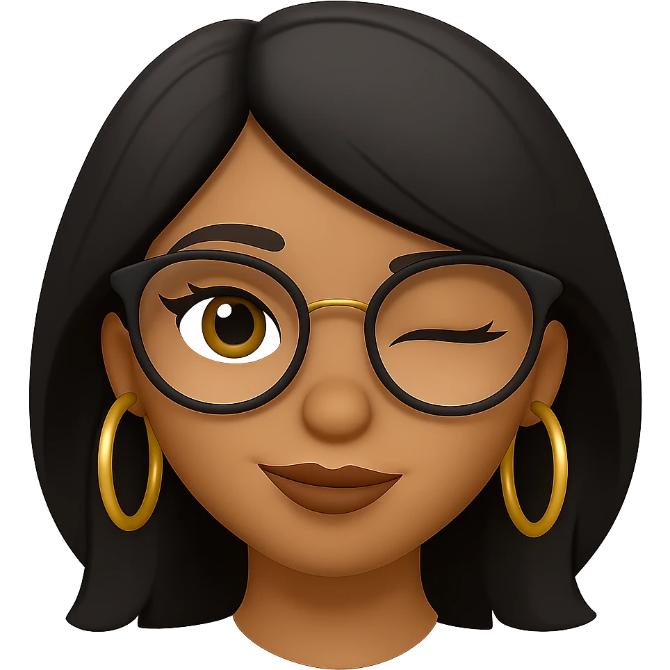 Add gold hoop earrings and stylish glasses to the winking light brown skin girl with small lips, black layered hair, and doe eyes in emoji style. emoji