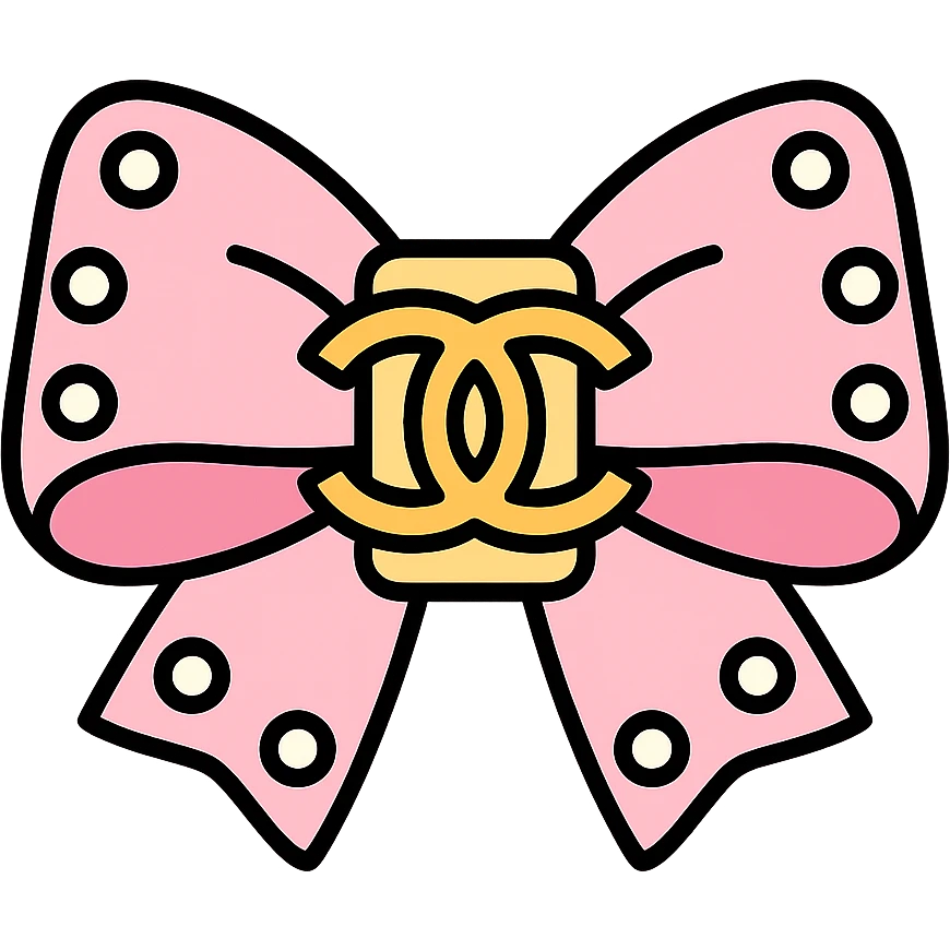 elegant bow with pearls and gold Chanel logo, glossy, pastel colors emoji