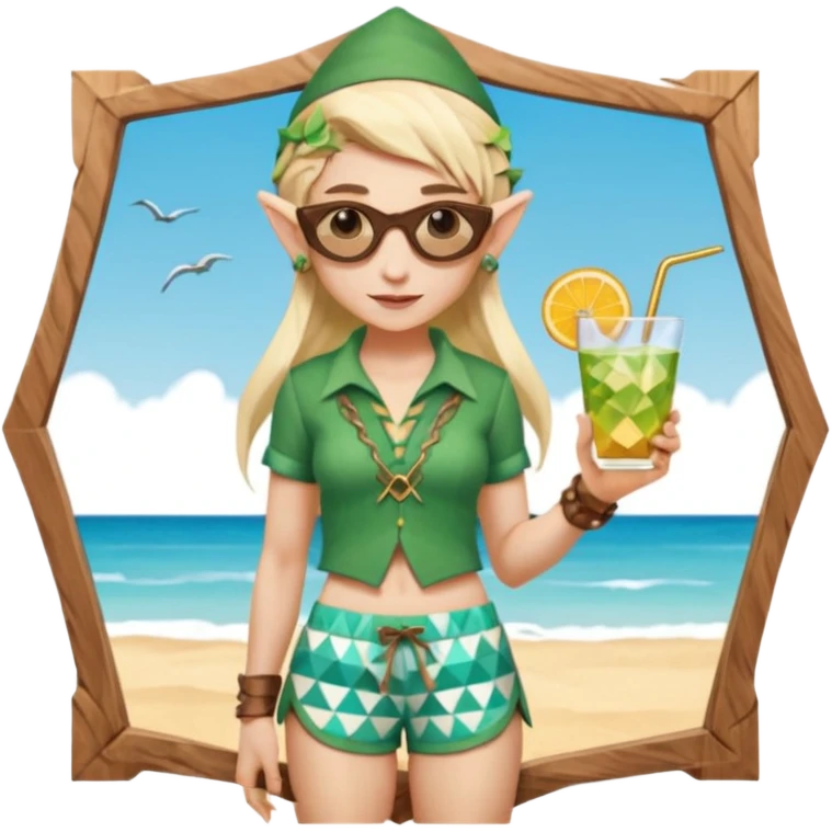 elf female legolas portrait, patterned board shorts (geometric/abstract), unique wooden-framed sunglasses, undercut hairstyle, slight smirk, visible pointy ears, no background, centered emoji, hipster summer vibe coctails with hat emoji