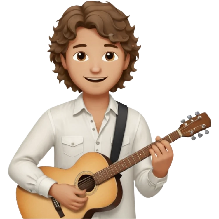 male memoji, man with wavy hair, white linen shirt, holding a guitar, dreamy smile, artistic lover vibe emoji