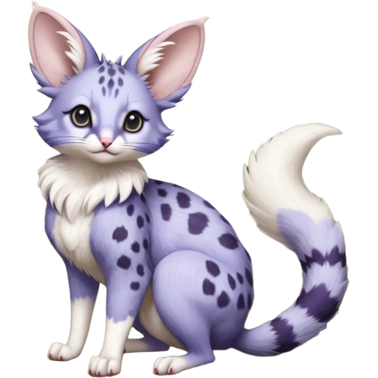 Violet, soft realistic romantic vintage antique divine beautiful elegant pretty precious cute young youthful  Fakémon-Pokémon-opossum-feline-mouse-serval-caracal-chinchilla-Minccino-Cinccino-Meowstic-rodent-hybrid-creature with a tufted tail (full body) emoji