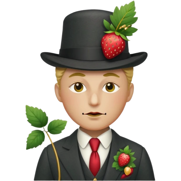 Pretentious cartoon strawberry in a tailored charcoal three‑piece suit, leaf‑cap styled like a pompadour, gold‑stud seeds, sugar‑glass monocle, licorice cane, smug expression; clean vector style, flat shading, cream background, rich crimson/forest‑green palette, 3/4 view, elegant lighting.
 emoji