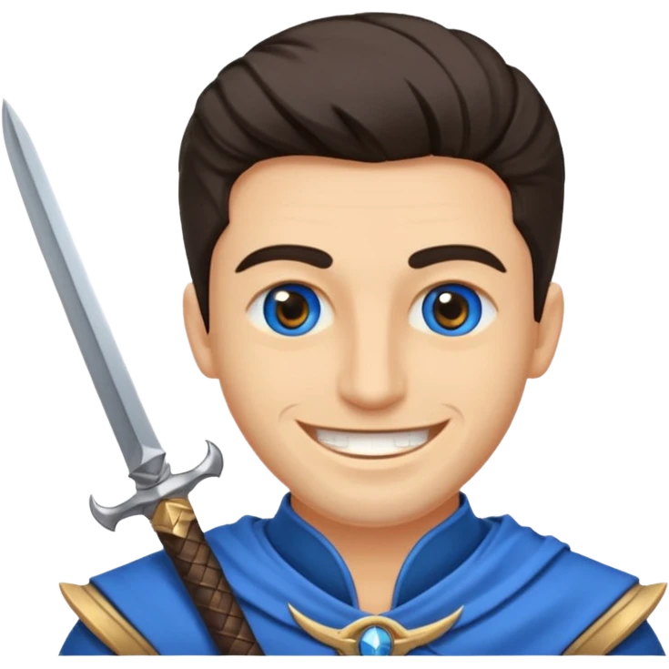 Haz que tenga una sonrisa epica una cicatriz en el ojo serrado y una espada entre los dientes y dos más a cada lado. emoji