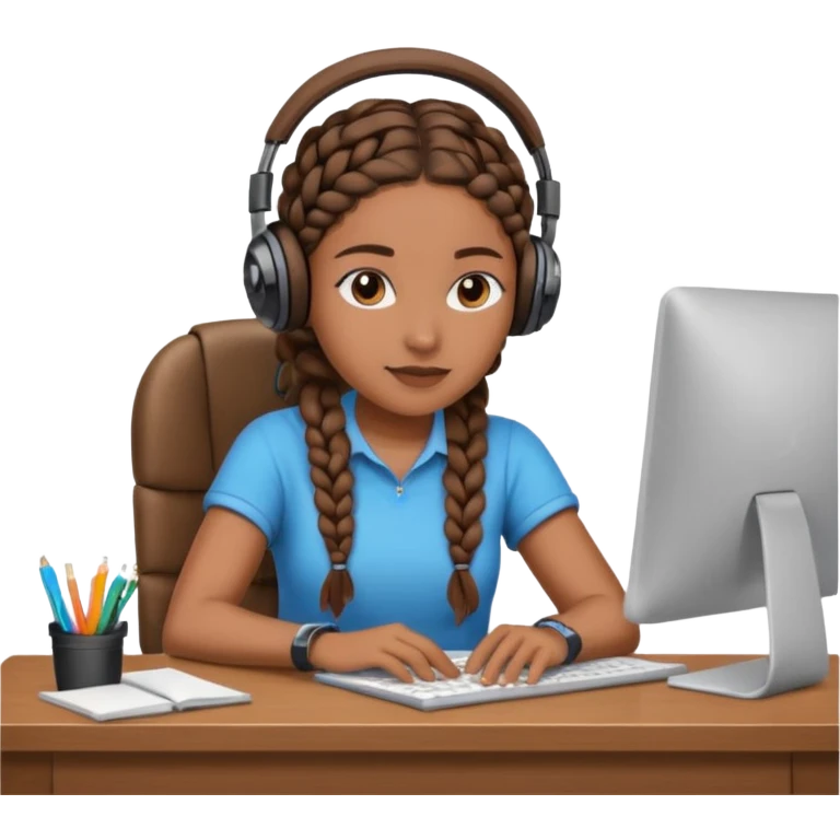 brown skinned female with braids sitting at a desk with headphones on emoji